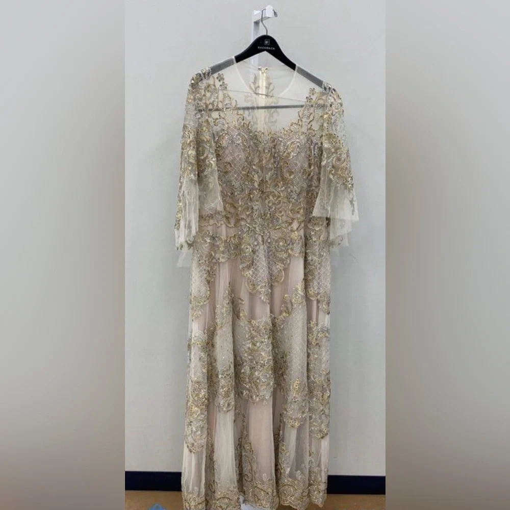 Champagne Beaded Wedding Gown 20 Formal Bridal Illusion Lace - Picture 3 of 4